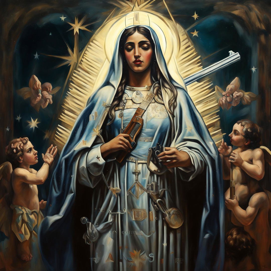 A traditional style painting of Guadalupe, depicted in her usual iconography but with a modern twist - she is holding a gun