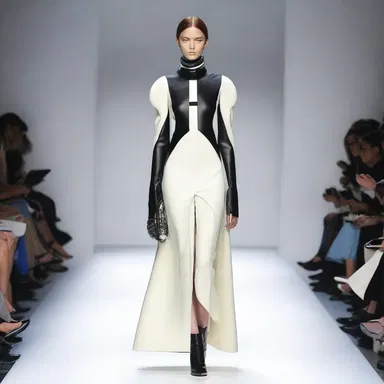 The designer showcased a futuristic outfit with a discus-shaped accessory.