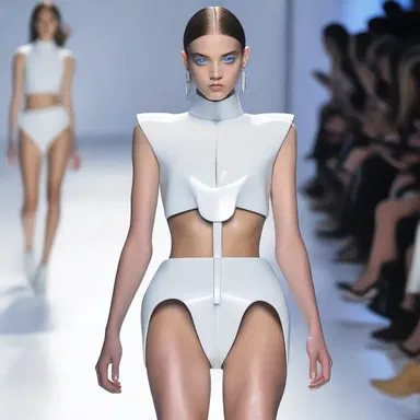 The designer showcased a futuristic outfit with a discus-shaped accessory.