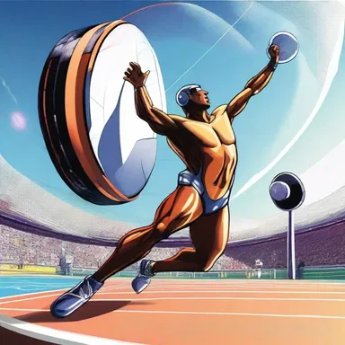 In the futuristic world of 'Galactic Olympics', athletes compete in various sports, including the discus where competitors hurl advanced, technologically enhanced discuses to break new distance records.