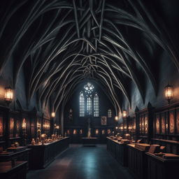 Interior view of the realistic Hogwarts castle with a dark, terrifying Adams Family aesthetic, showcasing elements of dark magic.