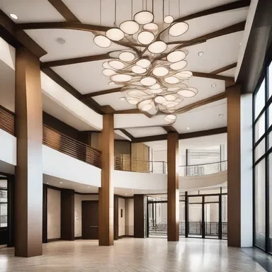The architect included an elegant octant-inspired lighting fixture in the foyer to enhance the modern design of the building.