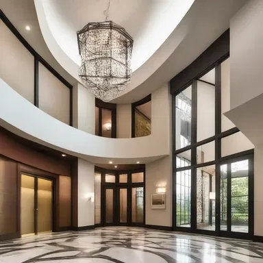 The architect included an elegant octant-inspired lighting fixture in the foyer to enhance the modern design of the building.