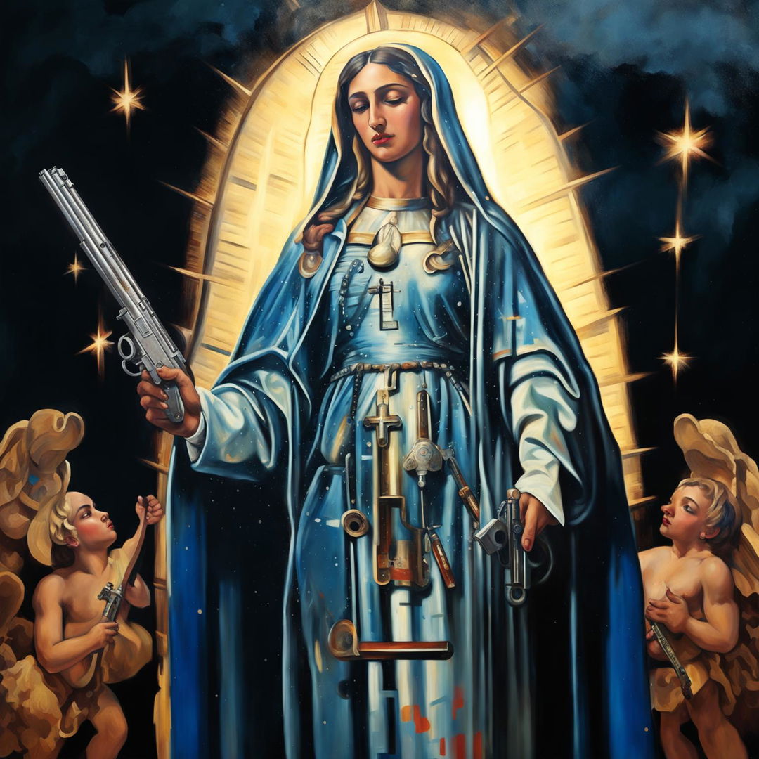 A classical style painting of Guadalupe holding an oversized gun, creating a striking contrast between traditional and contemporary themes