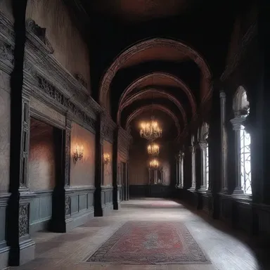 The haunted house's eerie atmosphere was created by its Gothic architecture and deviltry-inspired interior design.