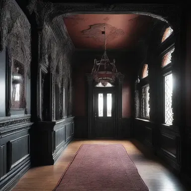 The haunted house's eerie atmosphere was created by its Gothic architecture and deviltry-inspired interior design.