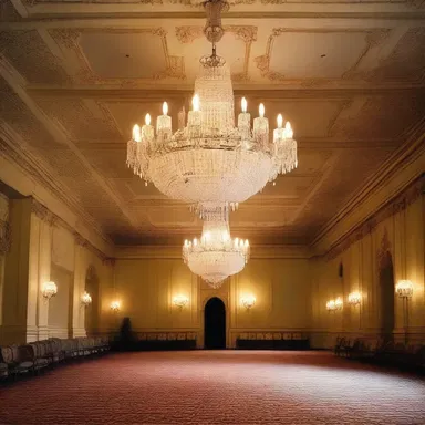 The elegant chandelier added a touch of dwarfishness to the grand ballroom.