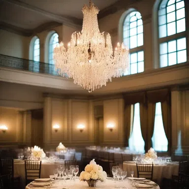 The elegant chandelier added a touch of dwarfishness to the grand ballroom.