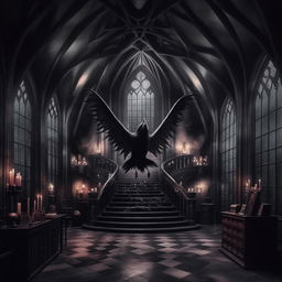 An enlarged and extravagant interior of the Hogwarts castle, with a dark Adams Family vibe, filled with elements of dark magic and a peculiarly spooky patronus floating in the space.