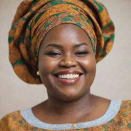 Close-up portrait of a joyful, plump Nigerian woman, elegantly dressed in traditional attire, her smile radiating happiness.