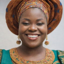 Close-up portrait of a joyful, plump Nigerian woman, elegantly dressed in traditional attire, her smile radiating happiness.