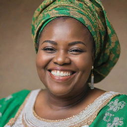 Close-up portrait of a joyful, plump Nigerian woman, elegantly dressed in traditional attire, her smile radiating happiness.