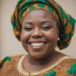 Close-up portrait of a joyful, plump Nigerian woman, elegantly dressed in traditional attire, her smile radiating happiness.