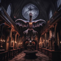 An enlarged and extravagant interior of the Hogwarts castle, with a dark Adams Family vibe, filled with elements of dark magic and a peculiarly spooky patronus floating in the space.