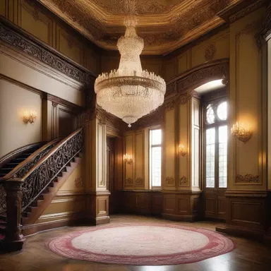 The grand staircase led to a luxurious hallway, and hereupon, stood a beautifully ornate chandelier.
