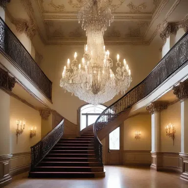 The grand staircase led to a luxurious hallway, and hereupon, stood a beautifully ornate chandelier.