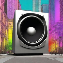 This digital art depicts a colossal city-sized subwoofer