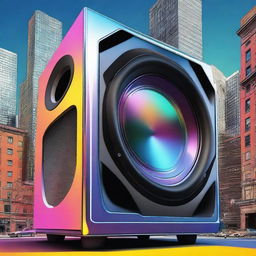 This digital art depicts a colossal city-sized subwoofer