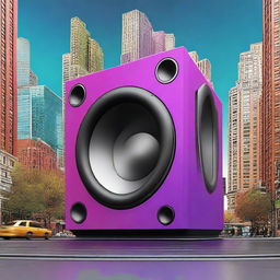 This digital art depicts a colossal city-sized subwoofer