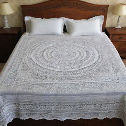 An elegantly draped bedsheet made with intricate crochet work, showcasing a highly detailed and symmetrical pattern of vintage design, set against a backdrop of a classic wooden bed.