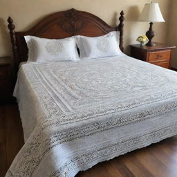 An elegantly draped bedsheet made with intricate crochet work, showcasing a highly detailed and symmetrical pattern of vintage design, set against a backdrop of a classic wooden bed.