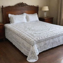 An elegantly draped bedsheet made with intricate crochet work, showcasing a highly detailed and symmetrical pattern of vintage design, set against a backdrop of a classic wooden bed.