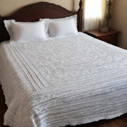 An elegantly draped bedsheet made with intricate crochet work, showcasing a highly detailed and symmetrical pattern of vintage design, set against a backdrop of a classic wooden bed.