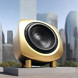 This revised digital art displays a gargantuan subwoofer, now as tall as the surrounding city buildings