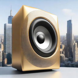 This revised digital art displays a gargantuan subwoofer, now as tall as the surrounding city buildings