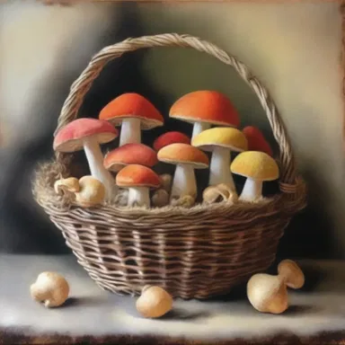 The artist painted a beautiful still life of a basket filled with vibrant sponge mushrooms.