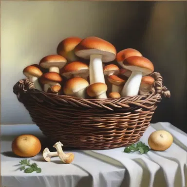 The artist painted a beautiful still life of a basket filled with vibrant sponge mushrooms.