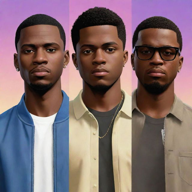 Jude Bellingham, Vinicius Jr, and Rodrygo reimagined as characters in the style of Grand Theft Auto VI