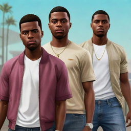 Jude Bellingham, Vinicius Jr, and Rodrygo reimagined as characters in the style of Grand Theft Auto VI