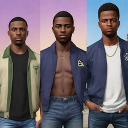 Jude Bellingham, Vinicius Jr, and Rodrygo reimagined as characters in the style of Grand Theft Auto VI