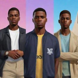 Jude Bellingham, Vinicius Jr, and Rodrygo reimagined as characters in the style of Grand Theft Auto VI