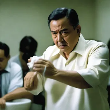 In the movie, the corrupt politician tries to wash his hands of the scandal by blaming his subordinates.