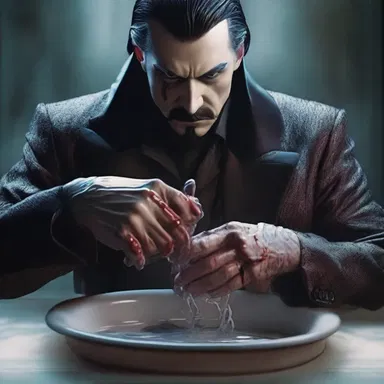 The villain in the fantasy novel tries to wash his hands of the evil deeds he has committed.