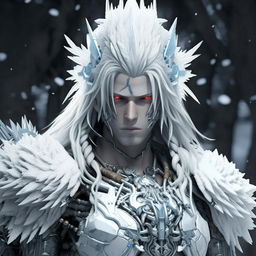 Detailed illustration of Mecha Jesus as a Final Fantasy character, now themed with ice and snow and enhanced with beautiful facial features