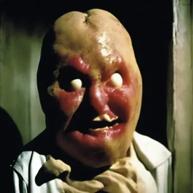 The horror movie featured a terrifying character with a disfigured potato nose creeping in the shadows.