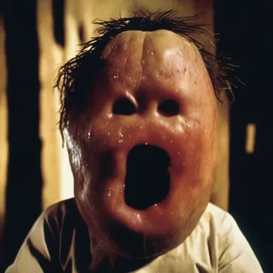 The horror movie featured a terrifying character with a disfigured potato nose creeping in the shadows.
