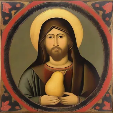 The painting depicted a religious figure with a peaceful expression and a gentle potato nose.
