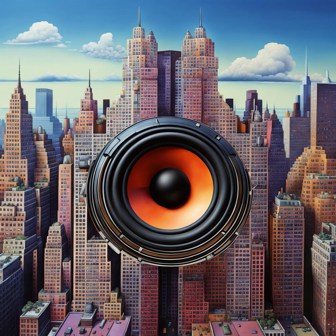 This digital art piece portrays a unique vision of New York City - a skyscraper that is entirely a subwoofer