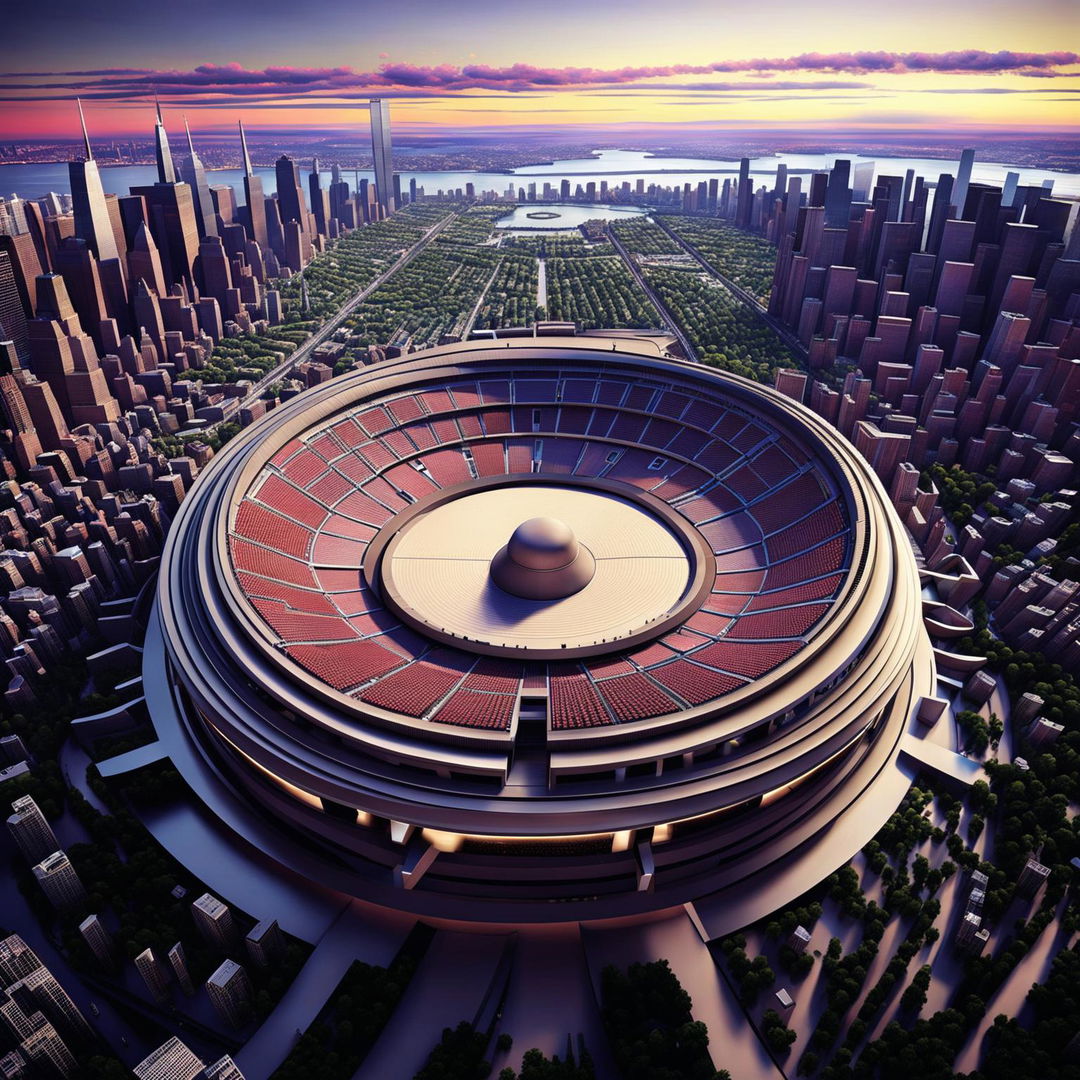 A high-quality digital art piece depicting a giant stadium in New York City transformed into a colossal subwoofer