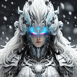 Detailed illustration of Mecha Jesus as a Final Fantasy character, now themed with ice and snow and enhanced with beautiful facial features