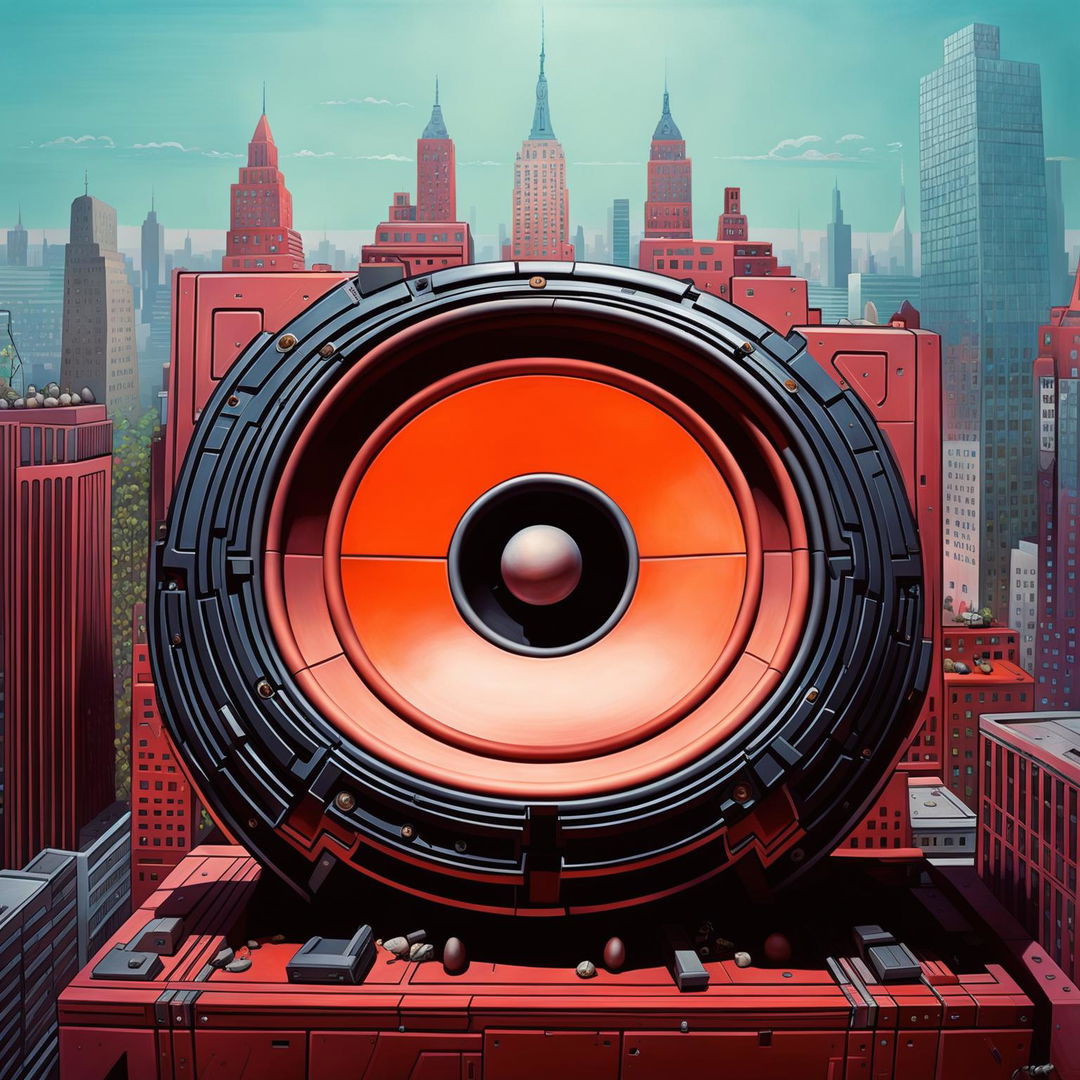 This revised digital art piece showcases an even larger version of the previously depicted subwoofer-stadium in New York City