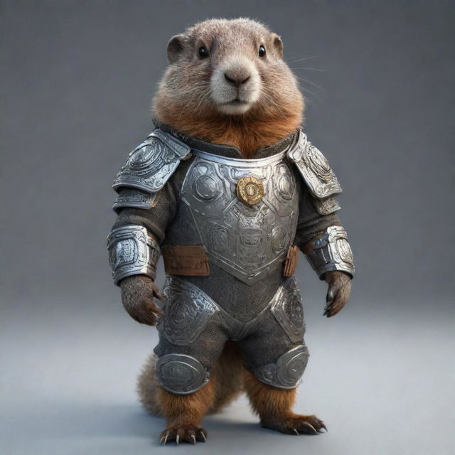 A cute marmot adorably decked out in a detailed, intricate armored suit, suitable for a visually striking NFT.