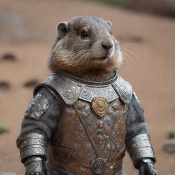 A cute marmot adorably decked out in a detailed, intricate armored suit, suitable for a visually striking NFT.