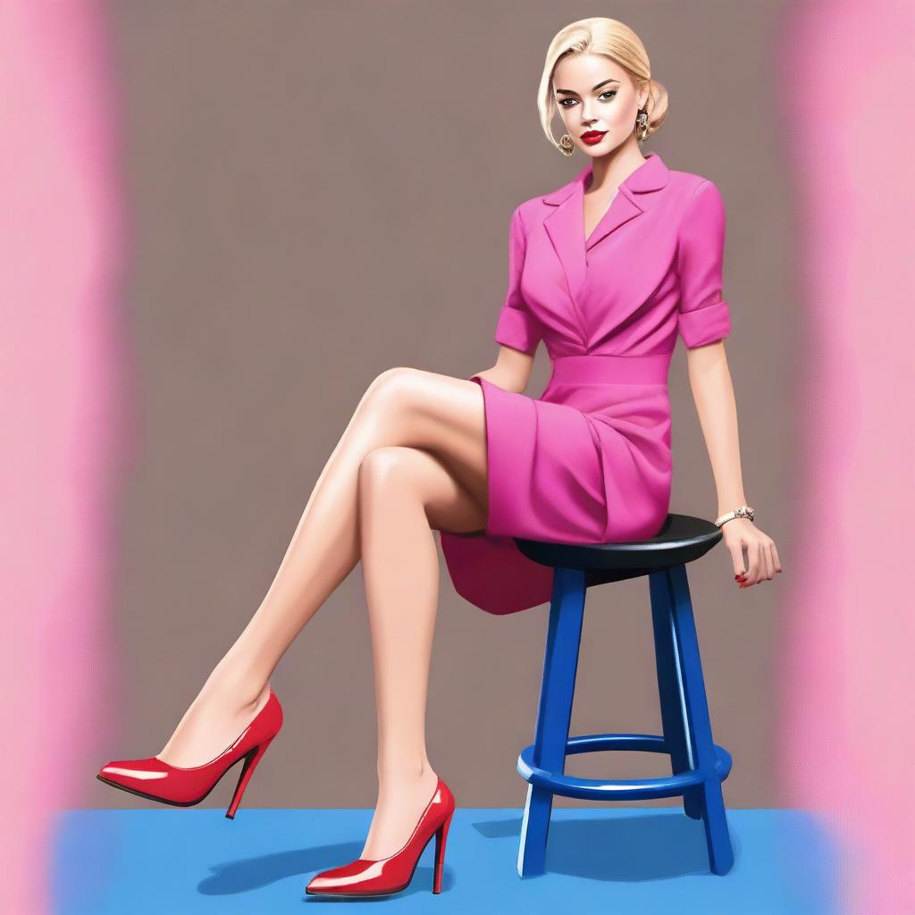 This is a high-quality digital art image of a woman with blonde hair tied back, sitting on a stool