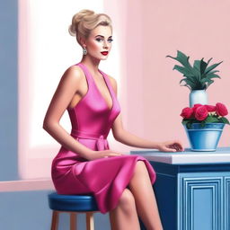 This is a high-quality digital art image of a woman with blonde hair tied back, sitting on a stool