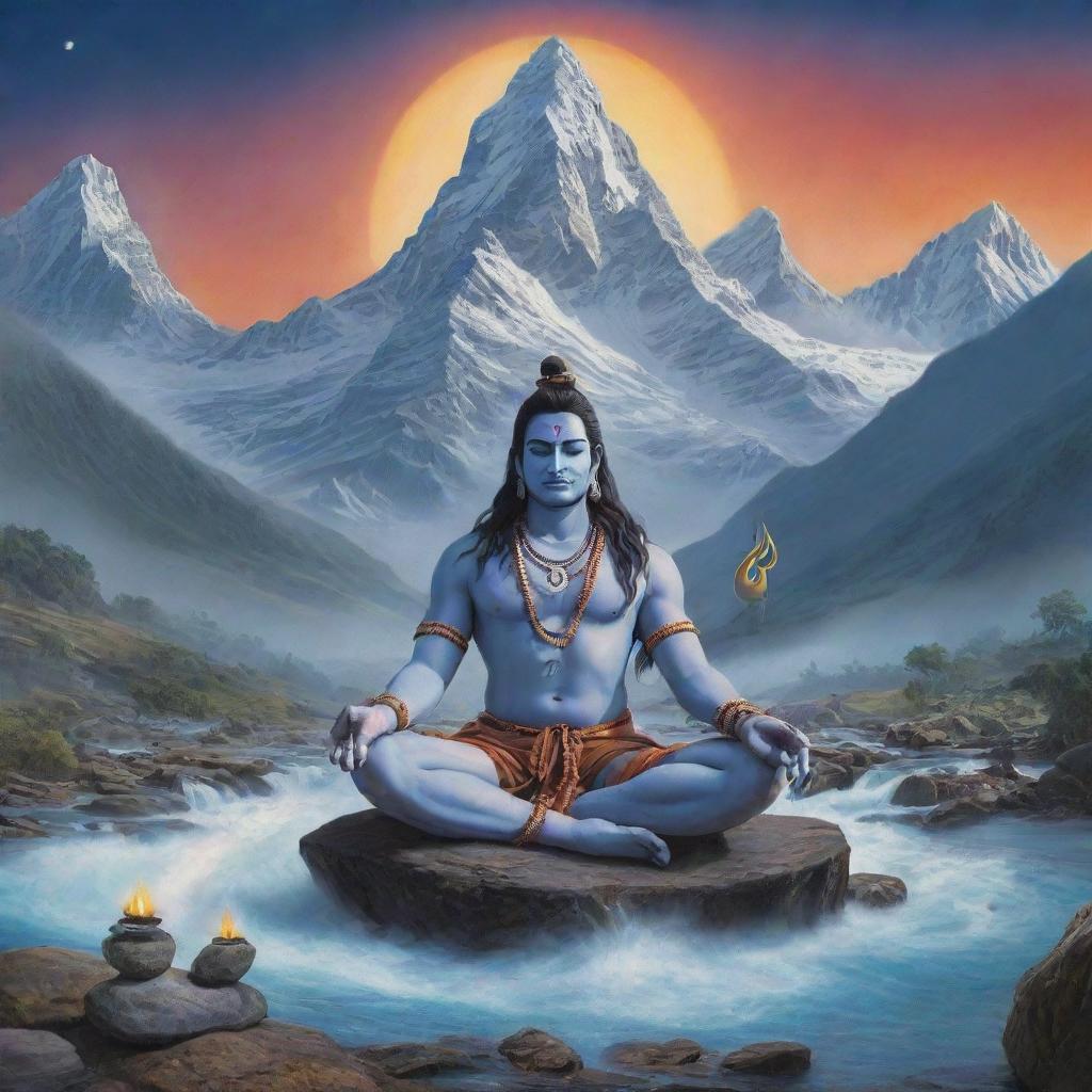 A mystically charged scene featuring Lord Shiva meditating on Mount Kailash. His matted locks adorned with a crescent moon and his third eye open. A tranquil river flowing nearby and a snake coiling around him. Radiate an aura of mystic energy in the backdrop.